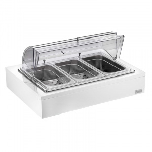 Мармит Pintinox 511B2840 белый настол. 3*Gn1/1 с крыш.Roll Top (чафиндиш) п/к на дер.подст.бел.
